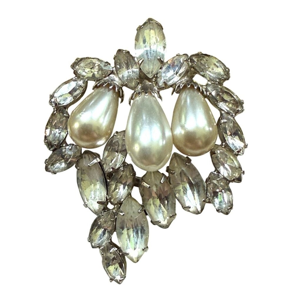 Vintage Rhinestone & Faux Pearl Wedding Brooch Pin